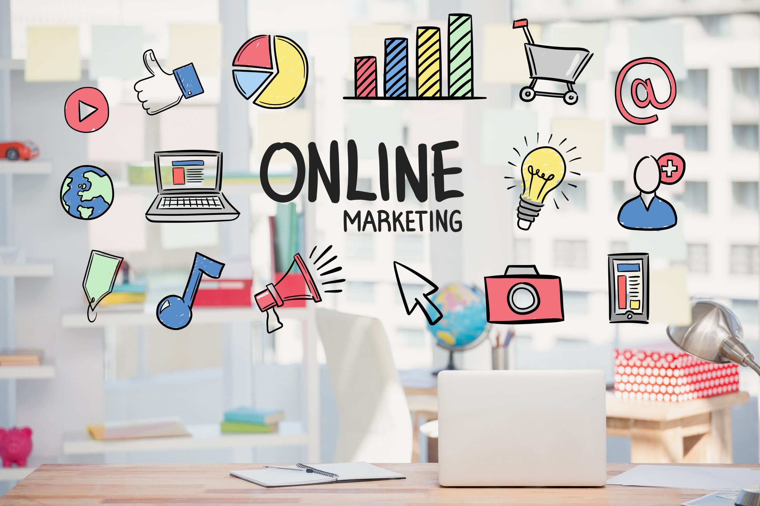 digital composite of marketing graphics with office background